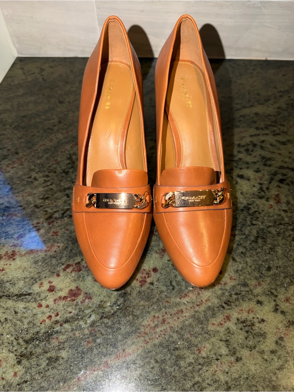 Coach Women's Chestnut Leather Loafers with Gold Plaque